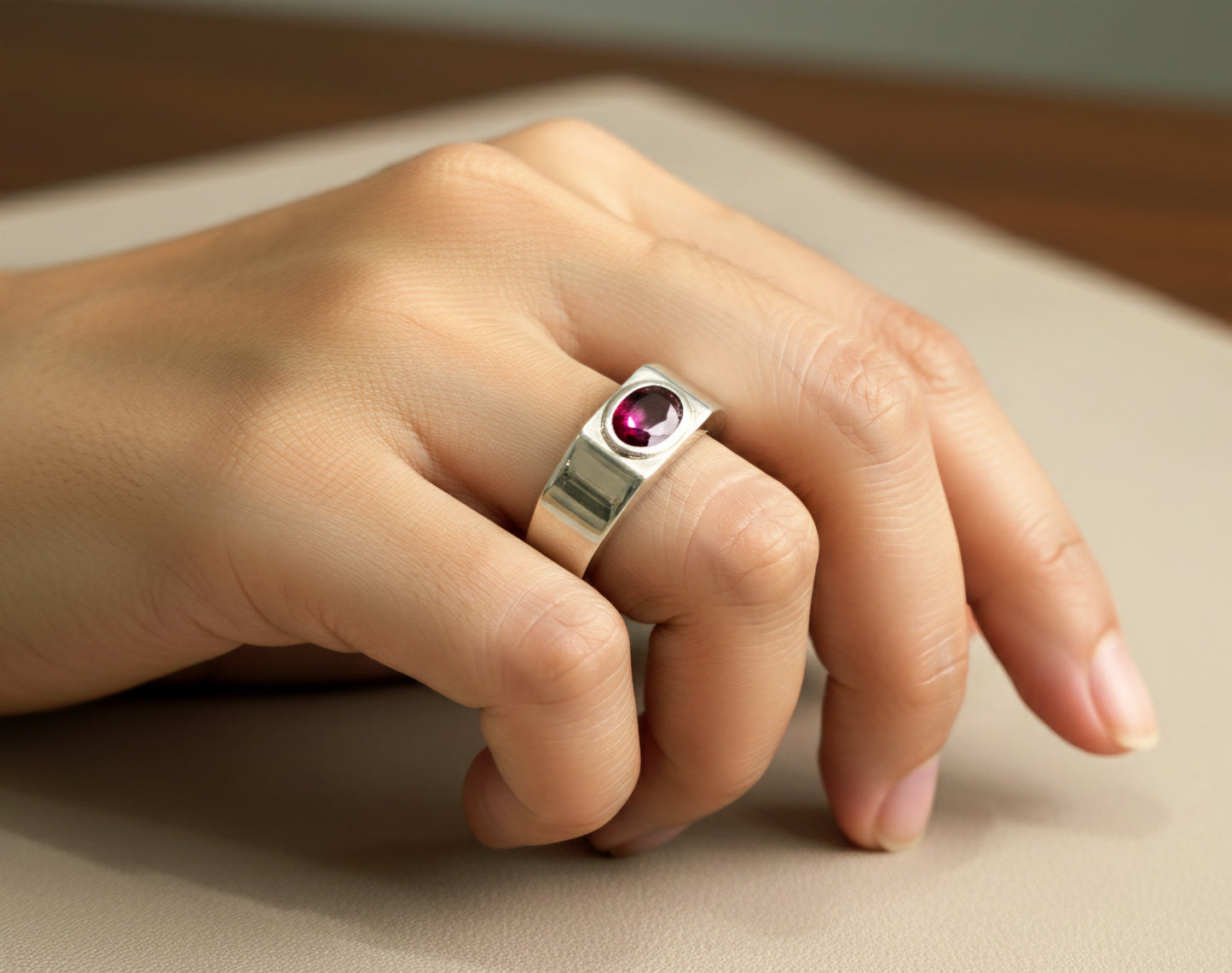Sterling Silver Ruby Ring - Wide Solid Band - Unisex design #605