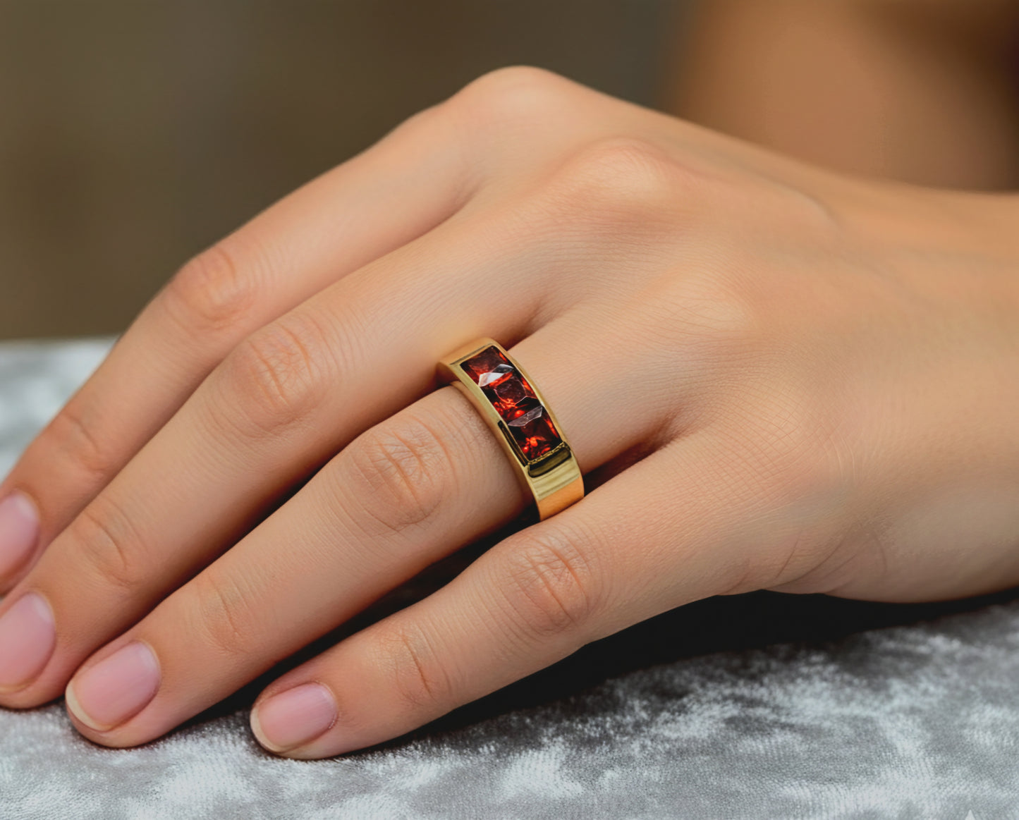 Brass Gemstone Ring - Red Garnet - Unisex Jewelry #609