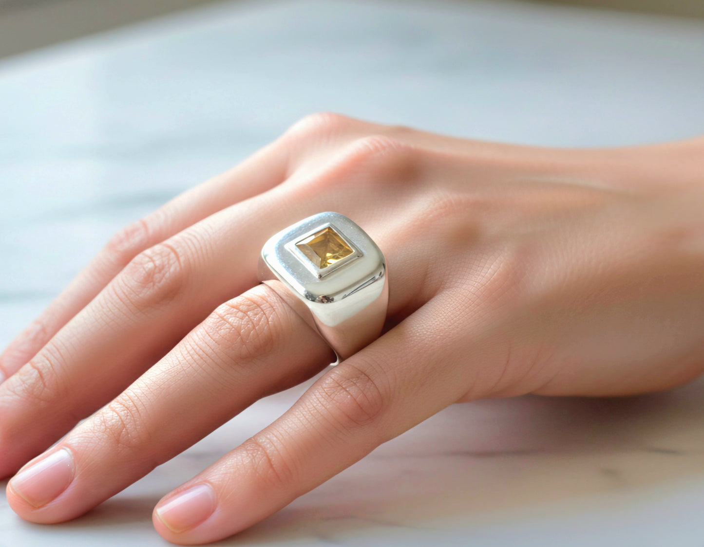 Sterling Silver Yellow Citrine Gemstone Ring - Unisex design #617