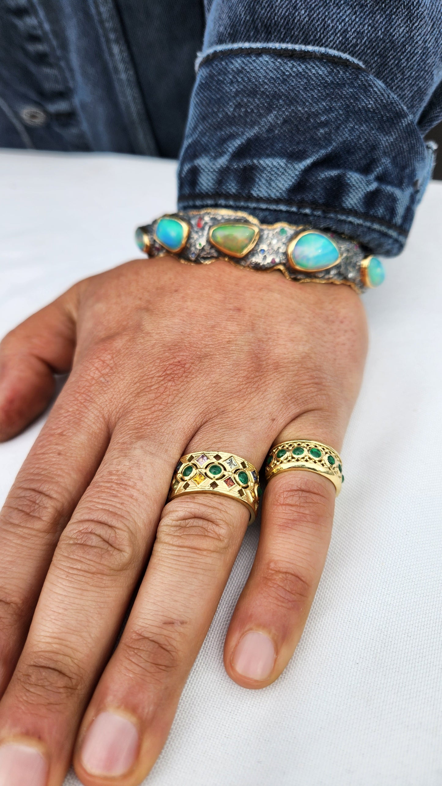 Made To Order - Rustic Silver & Gold Opal Gemstone Cuff Bracelet
