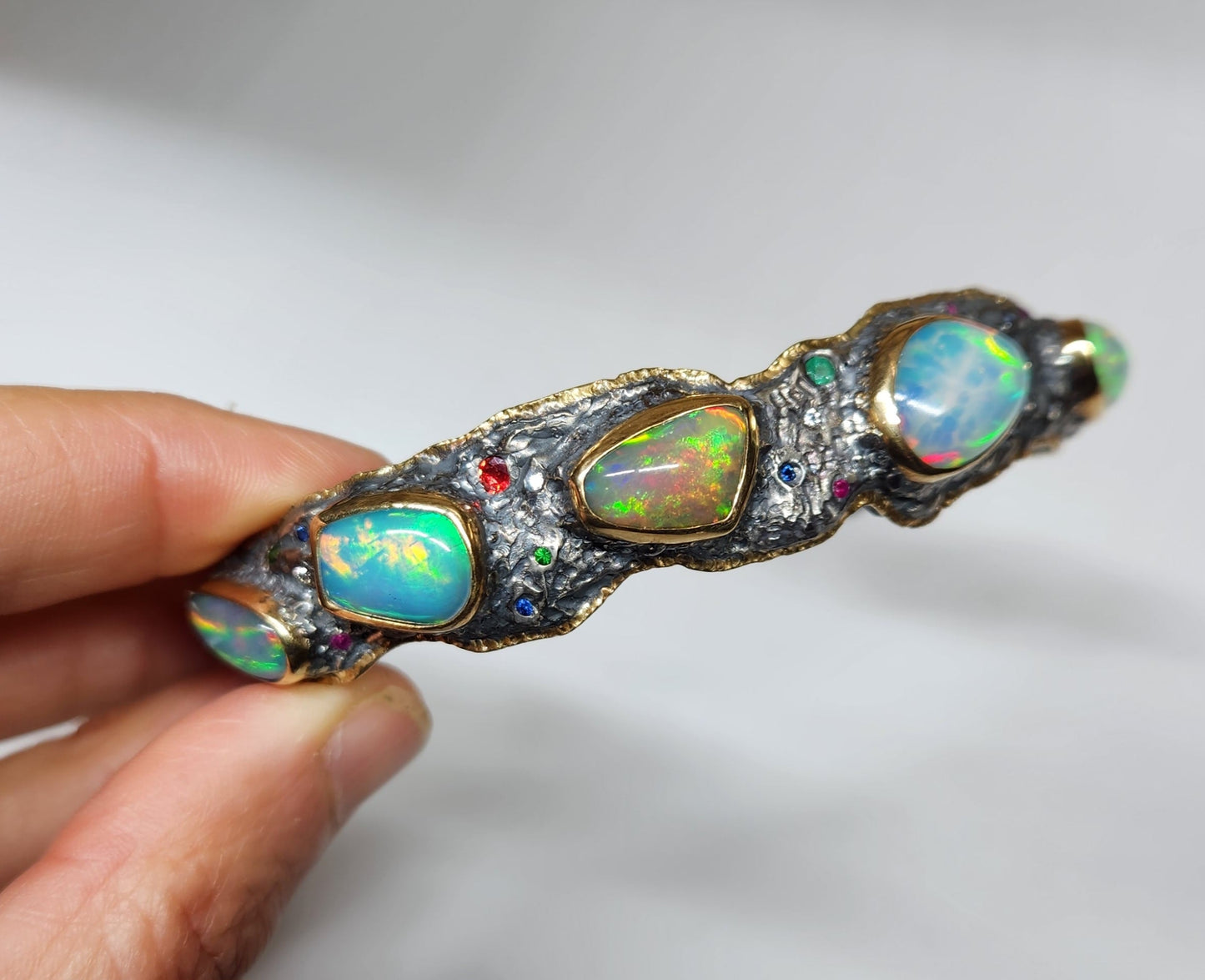 Made To Order - Rustic Silver & Gold Opal Gemstone Cuff Bracelet