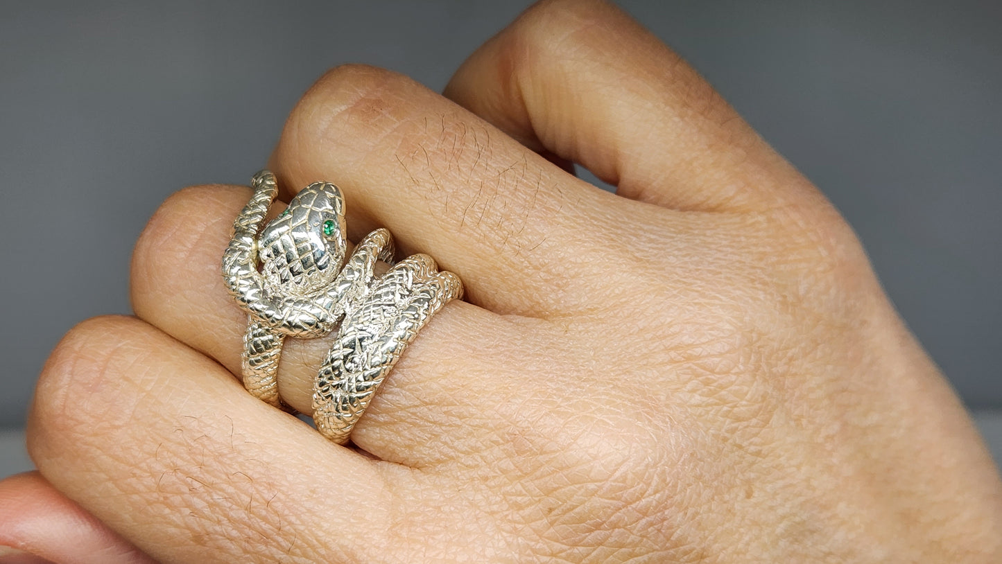 Sterling Silver Snake Ring with Emerald Eyes #409