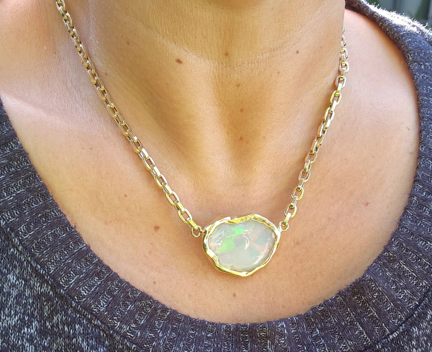 Carved Opal Pendant 14k Gold Split Chain #411