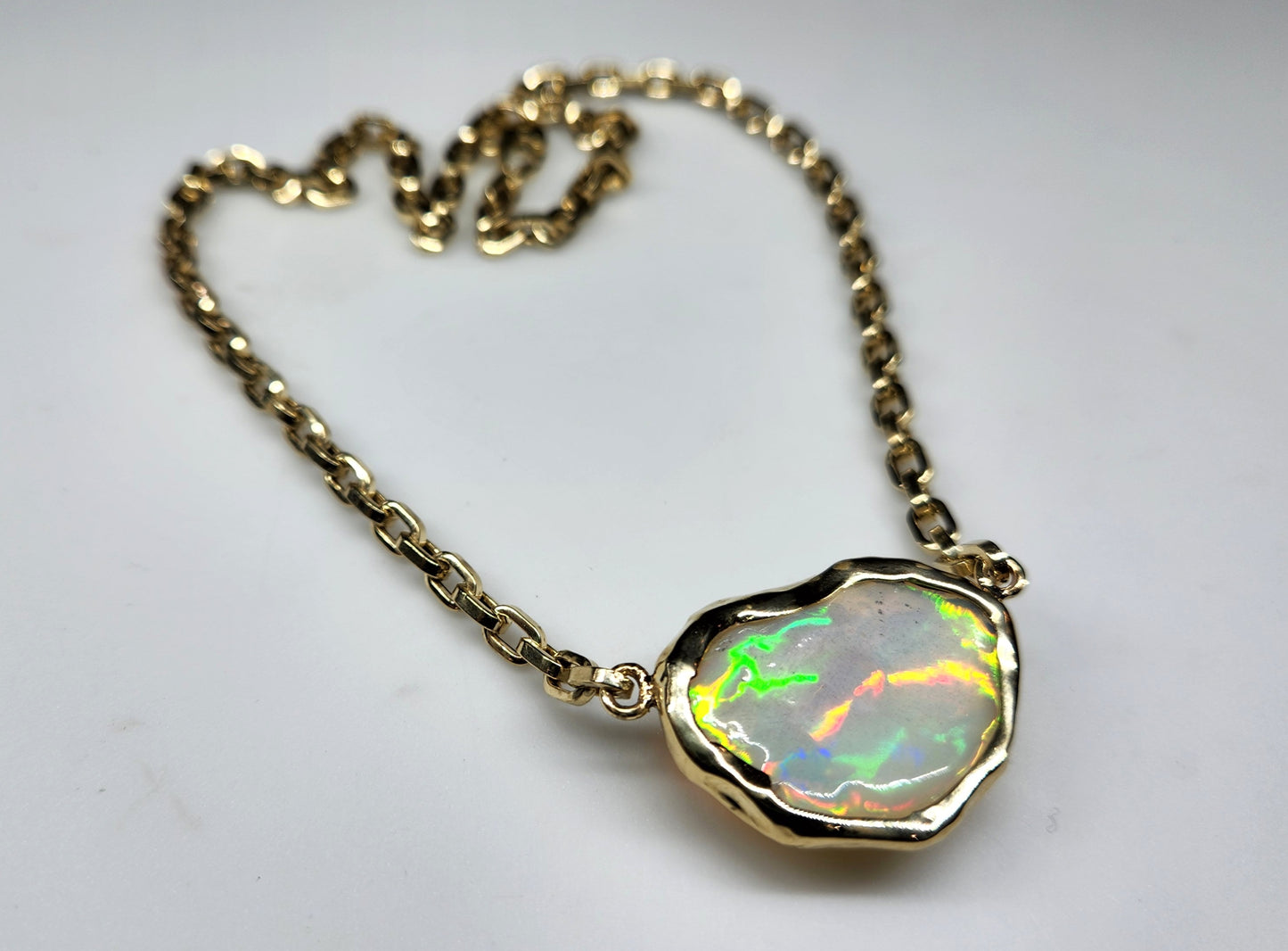 Carved Opal Pendant 14k Gold Split Chain #411