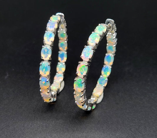 Opal Gemstone Hoop Earrings Sterling Silver #417