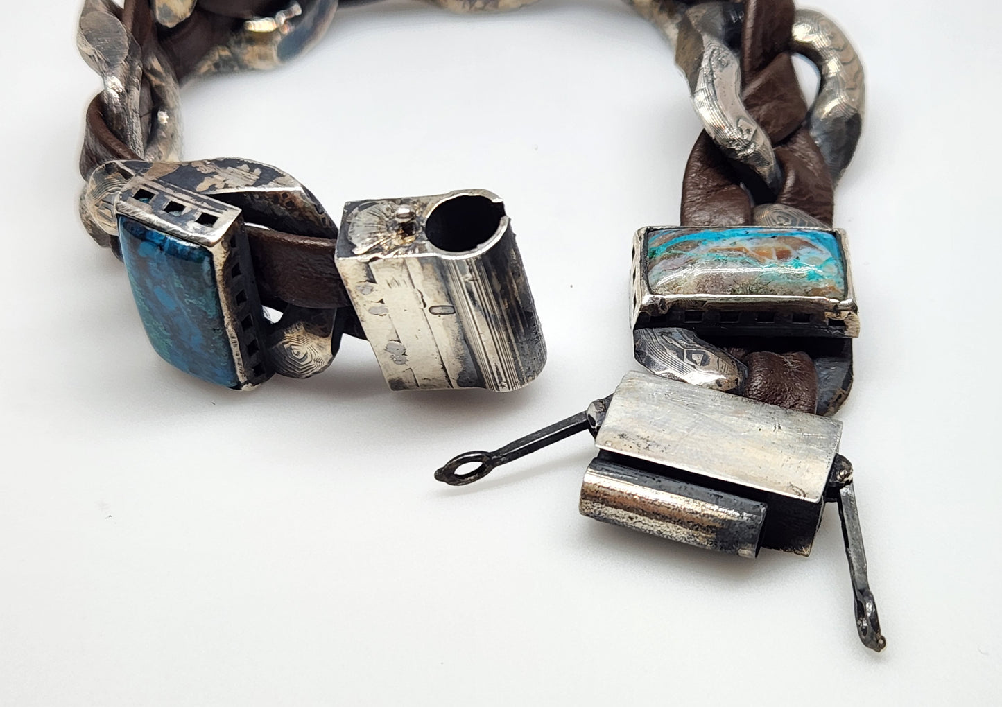 MADE TO ORDER - Men's Rustic Silver & Leather Blue Chrysocolla Gemstone Link Bracelet