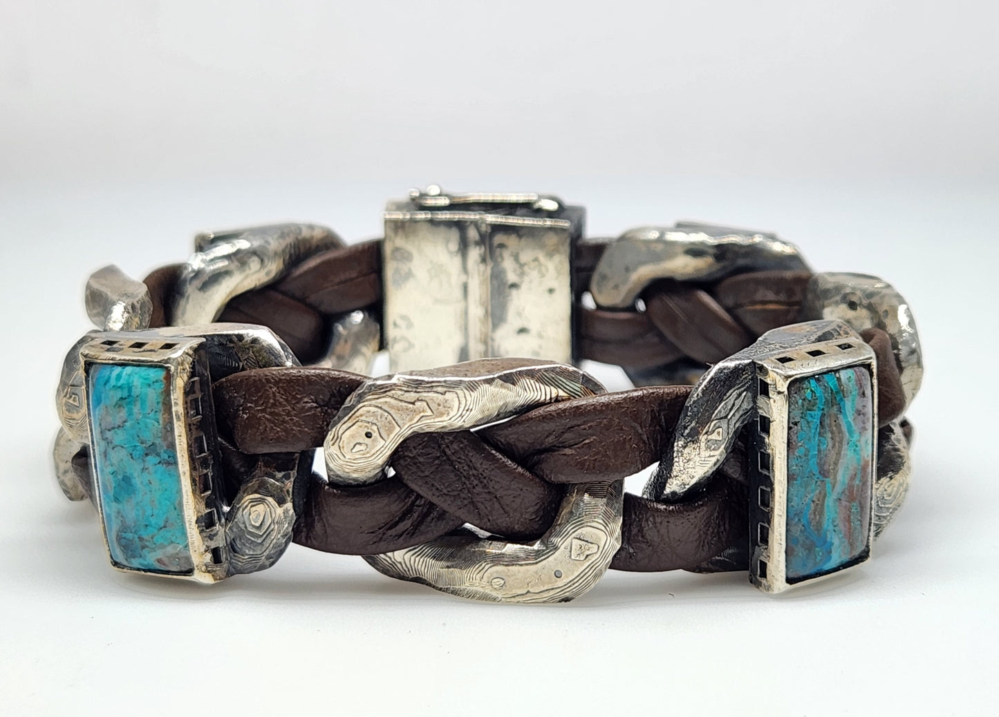 MADE TO ORDER - Men's Rustic Silver & Leather Blue Chrysocolla Gemstone Link Bracelet