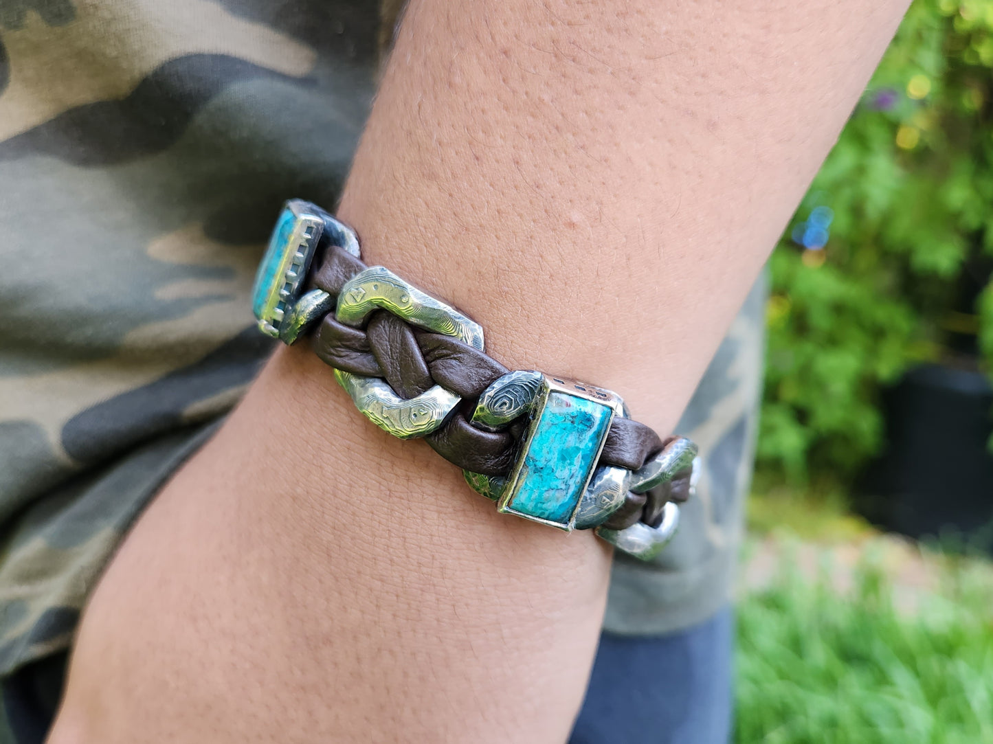 MADE TO ORDER - Men's Rustic Silver & Leather Blue Chrysocolla Gemstone Link Bracelet