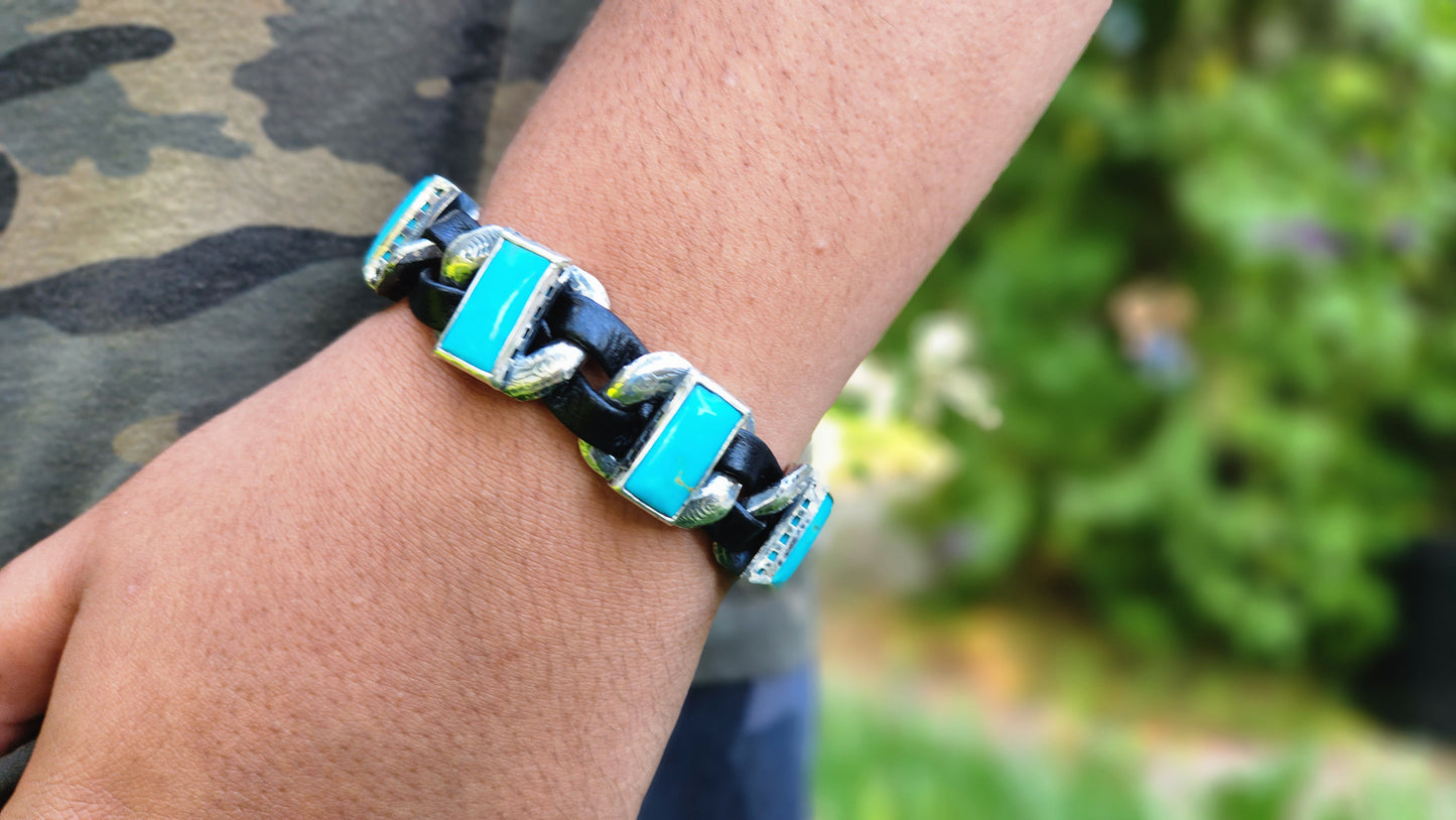 Men's Rustic Silver & Leather Turquoise Gemstone Link Bracelet #413