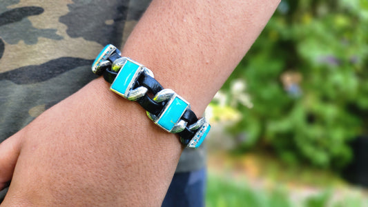 Made To Order Rustic Silver & Leather Turquoise Gemstone Link Bracelet