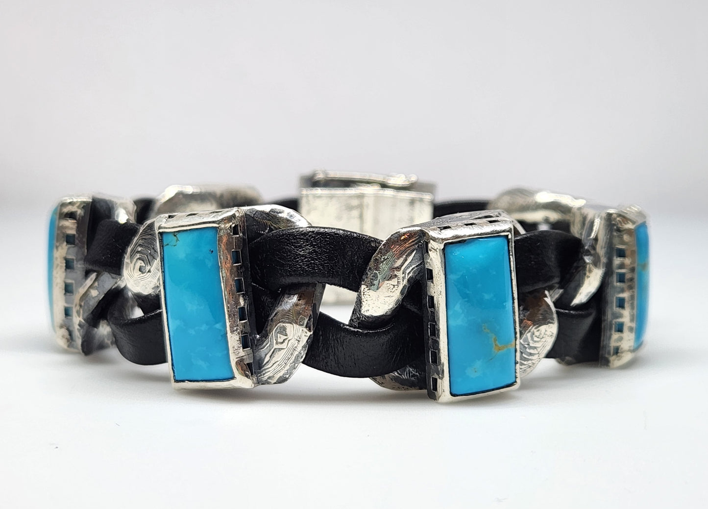 Men's Rustic Silver & Leather Turquoise Gemstone Link Bracelet #413