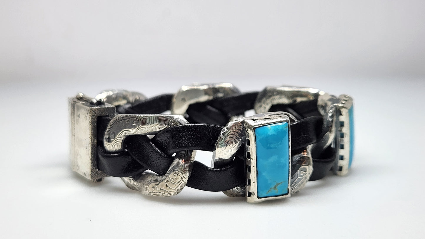 Men's Rustic Silver & Leather Turquoise Gemstone Link Bracelet #413