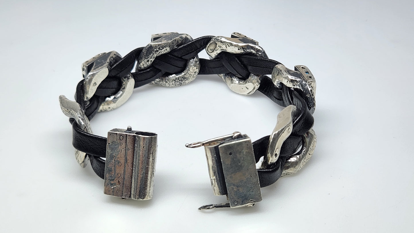 Men's Rustic Silver & Leather Turquoise Gemstone Link Bracelet #413
