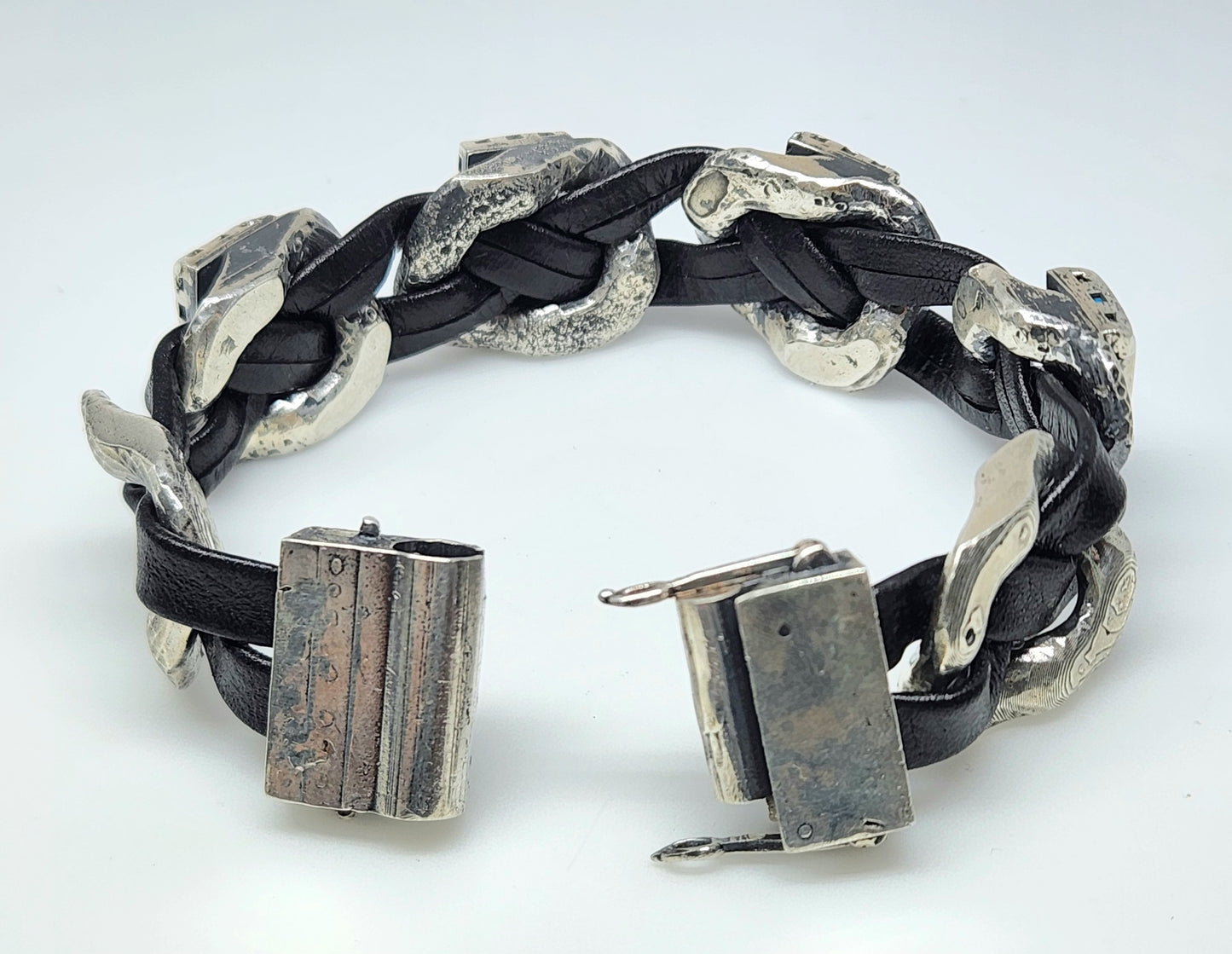 Men's Rustic Silver & Leather Turquoise Gemstone Link Bracelet #413