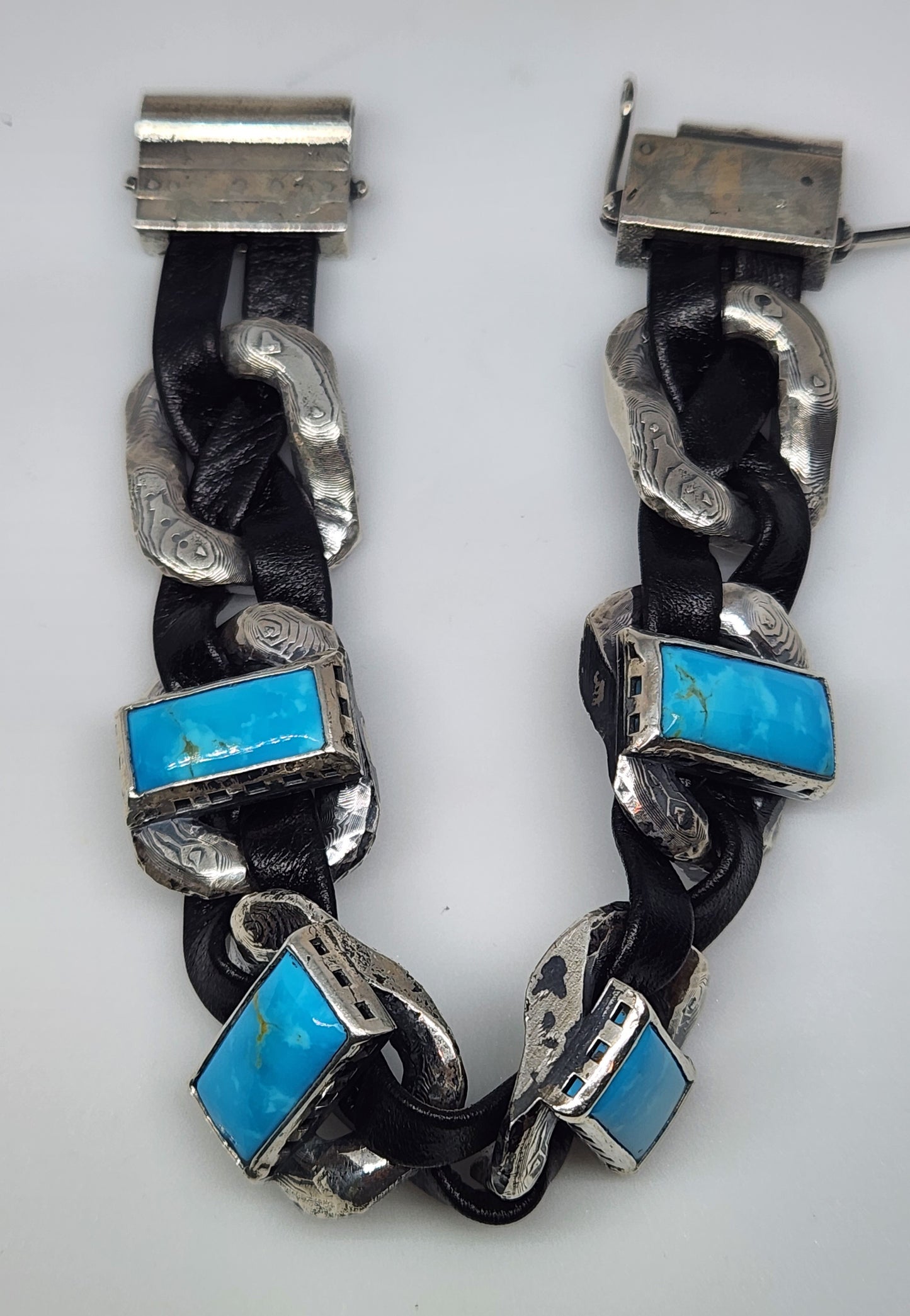 Men's Rustic Silver & Leather Turquoise Gemstone Link Bracelet #413
