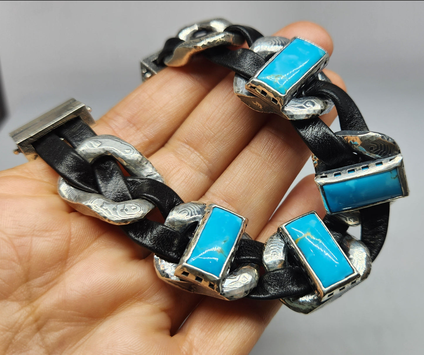 Men's Rustic Silver & Leather Turquoise Gemstone Link Bracelet #413