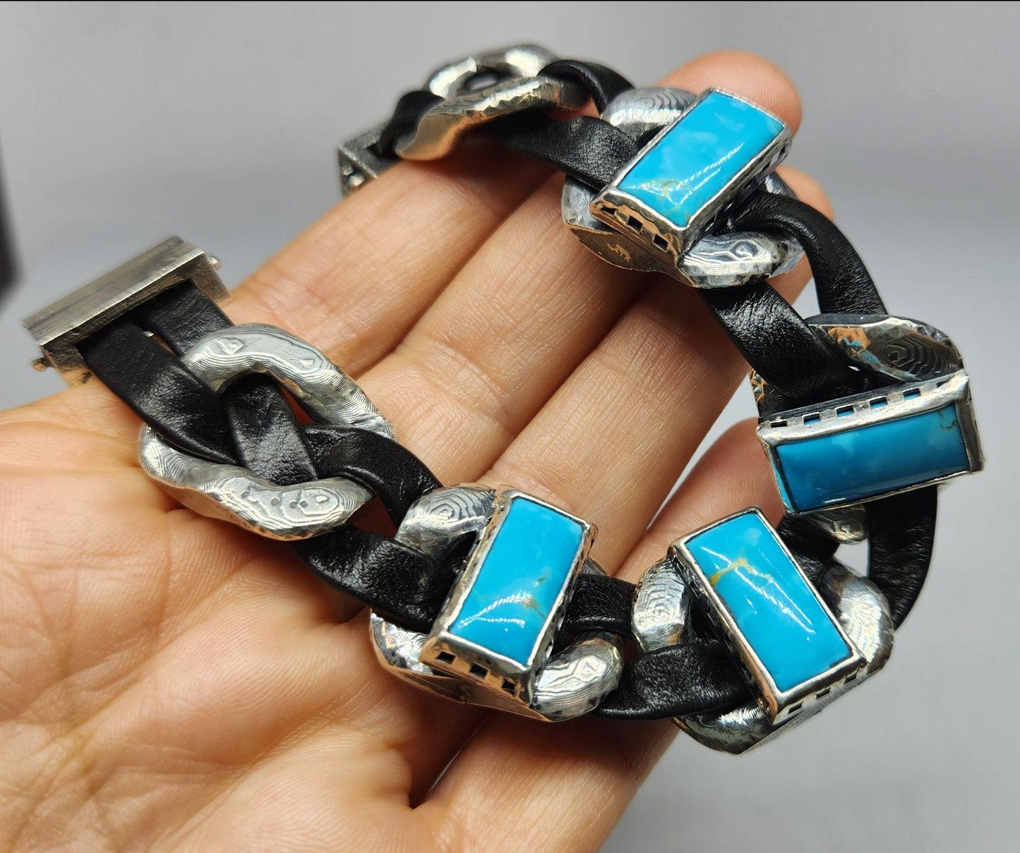 Made To Order Rustic Silver & Leather Turquoise Gemstone Link Bracelet