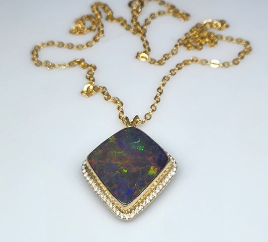 Black Opal & Diamond Pendant 14k Gold Gemstone Necklace #414