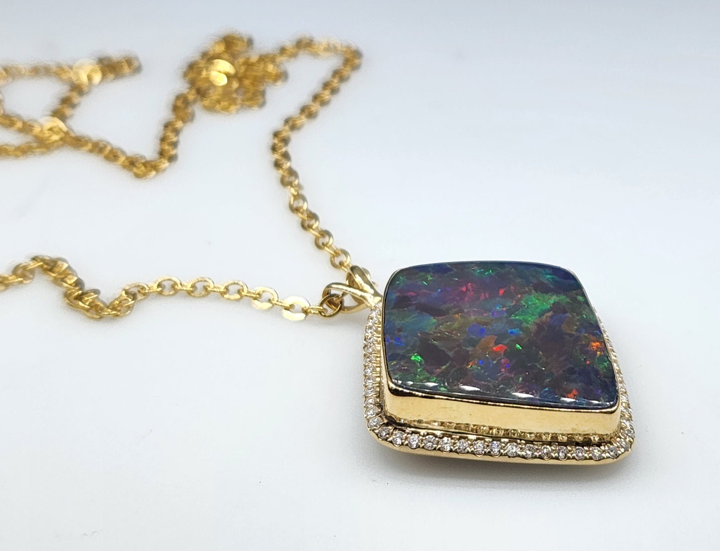 Black Opal & Diamond Pendant 14k Gold Gemstone Necklace #414