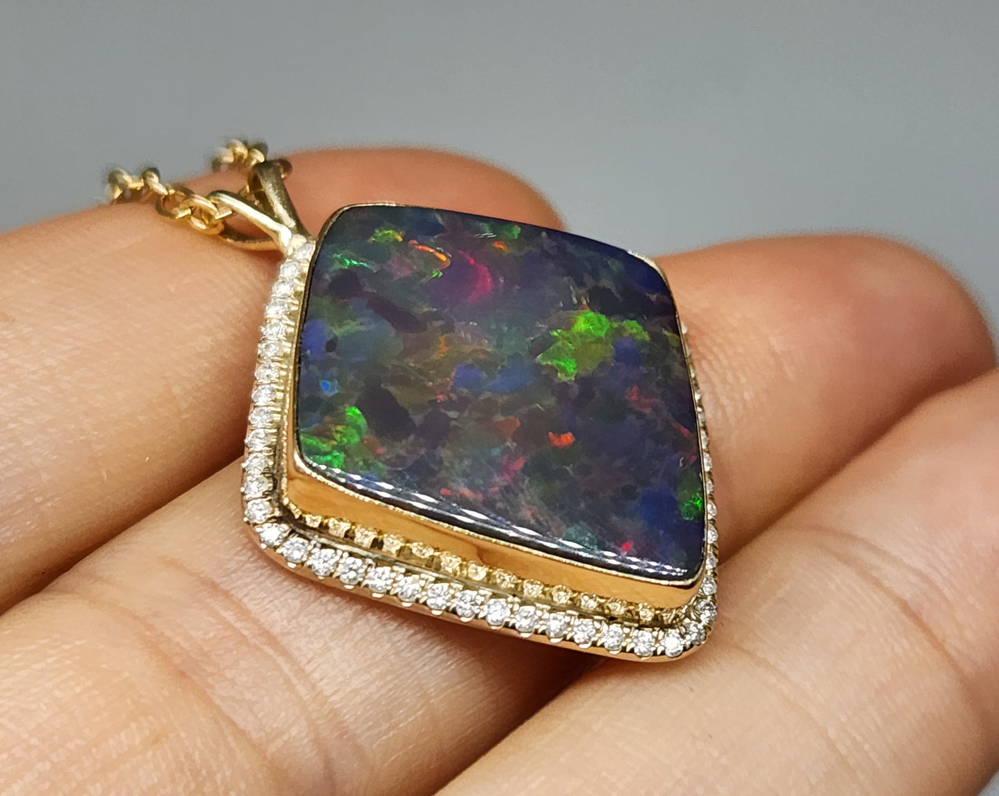 Black Opal & Diamond Pendant 14k Gold Gemstone Necklace #414