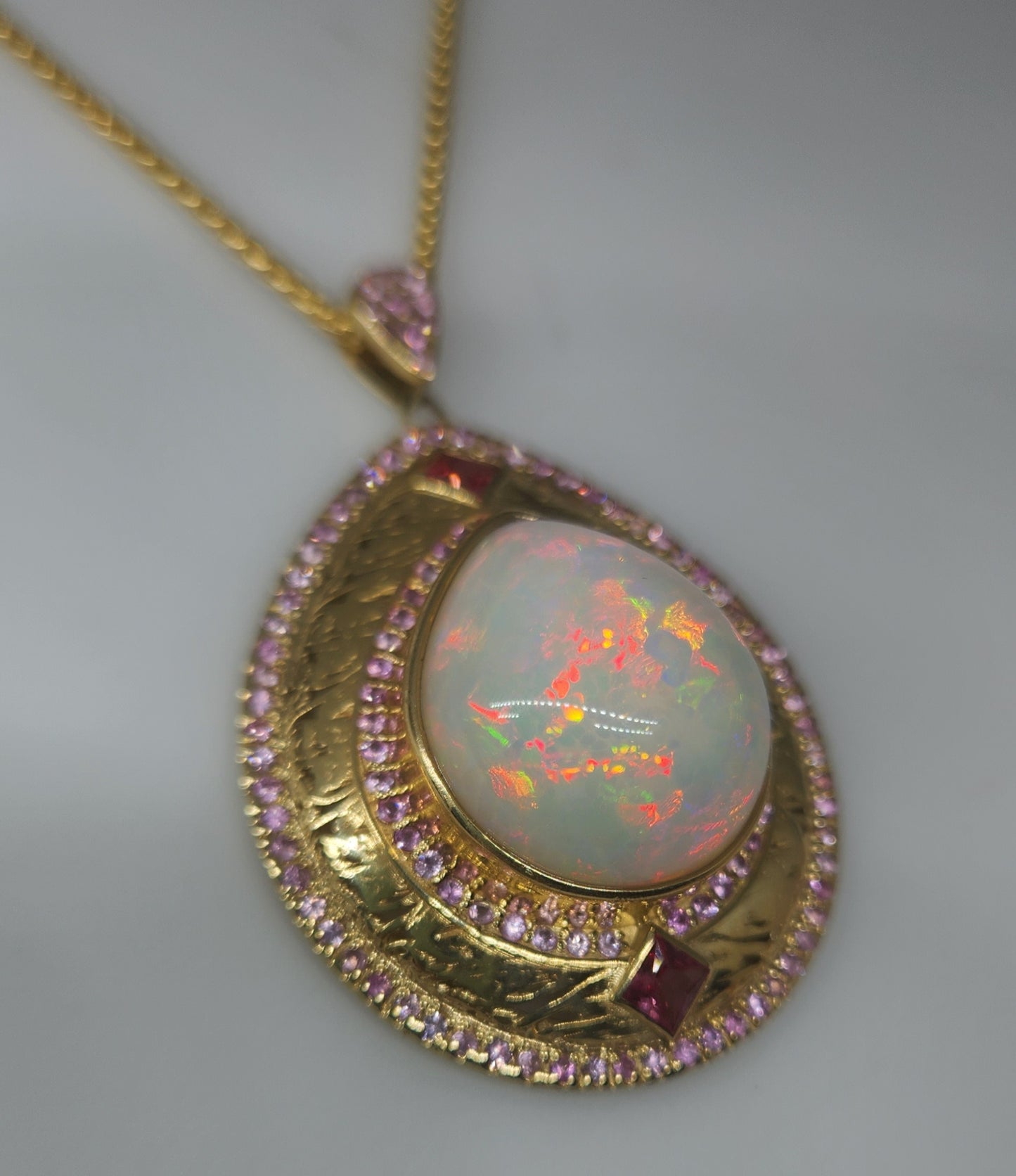 Opal & Pink Sapphire Pendant 14k Gold Jewelry #416
