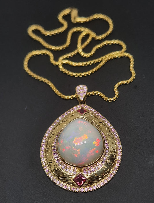 Opal & Pink Sapphire Pendant 14k Gold Jewelry #416