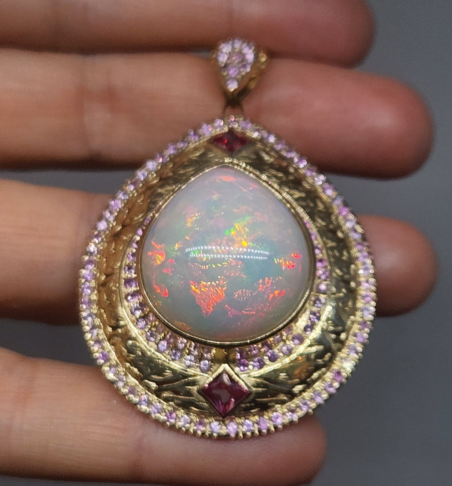 Opal & Pink Sapphire Pendant 14k Gold Jewelry #416