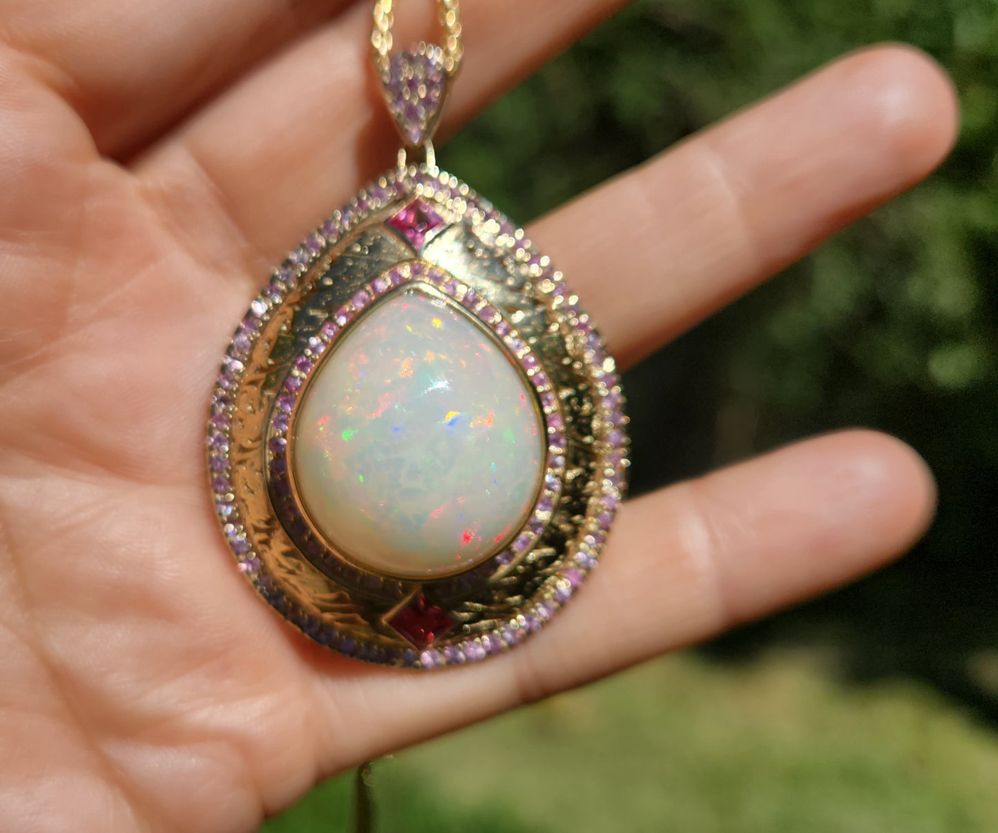 Opal & Pink Sapphire Pendant 14k Gold Jewelry #416
