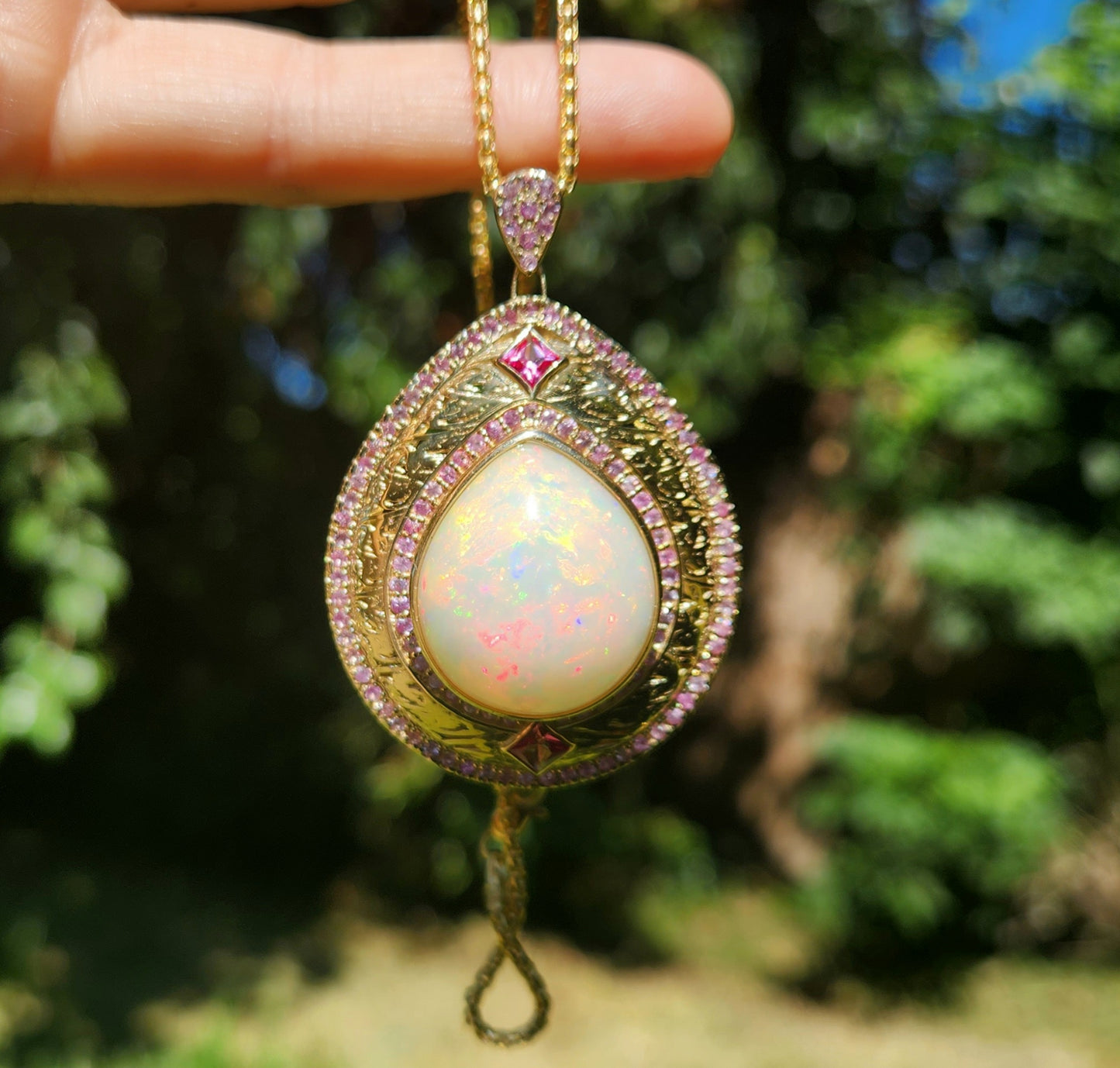 Opal & Pink Sapphire Pendant 14k Gold Jewelry #416