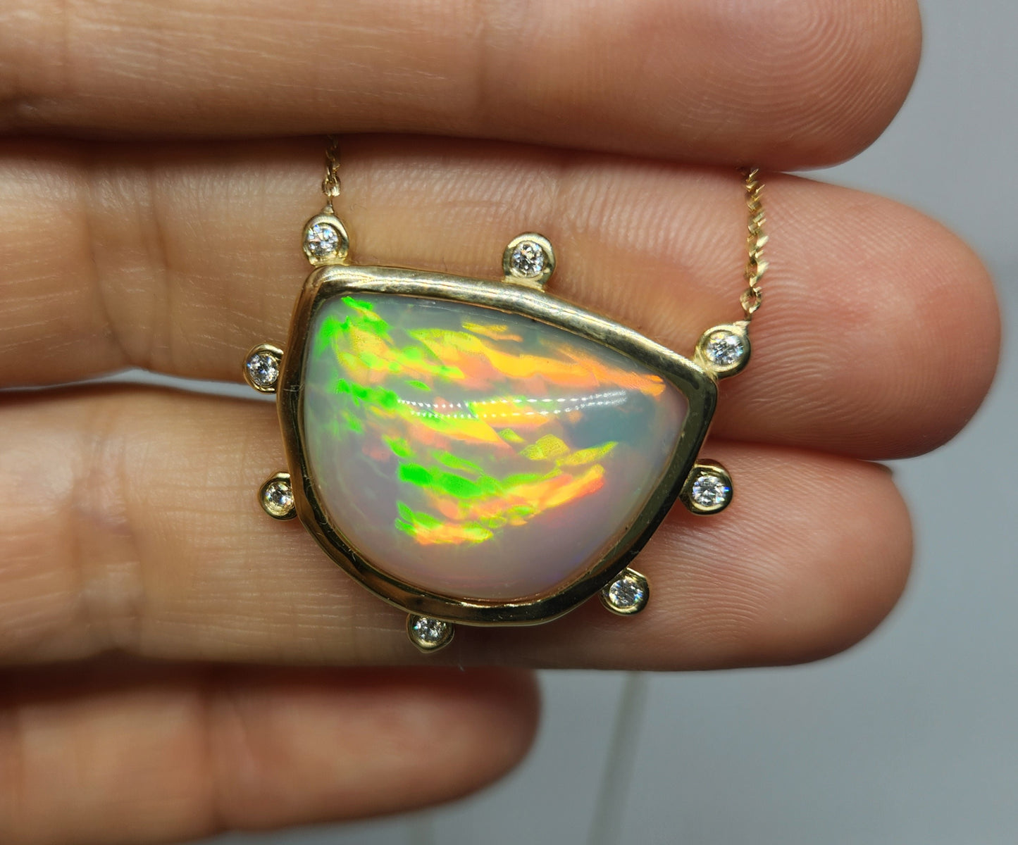 Opal & Diamond 14k Gold Pendant Split Chain Necklace #419