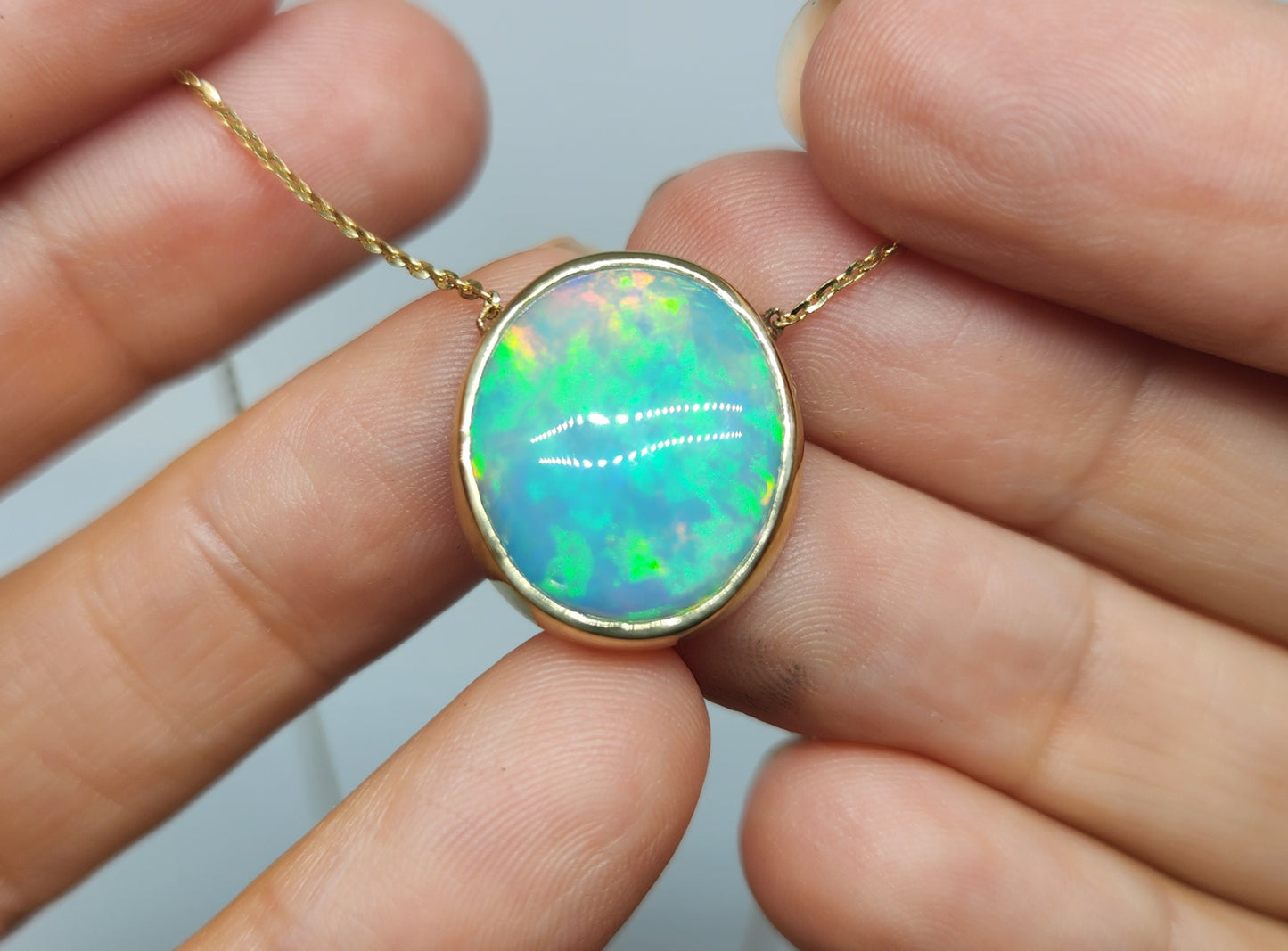 Blue Opal Pendant 14k Yellow Gold Chain Necklace #420