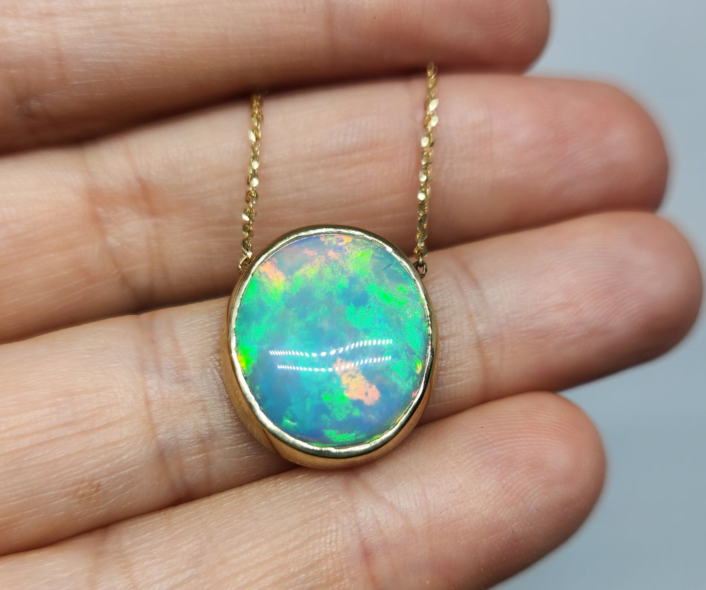 Blue Opal Pendant 14k Yellow Gold Chain Necklace #420