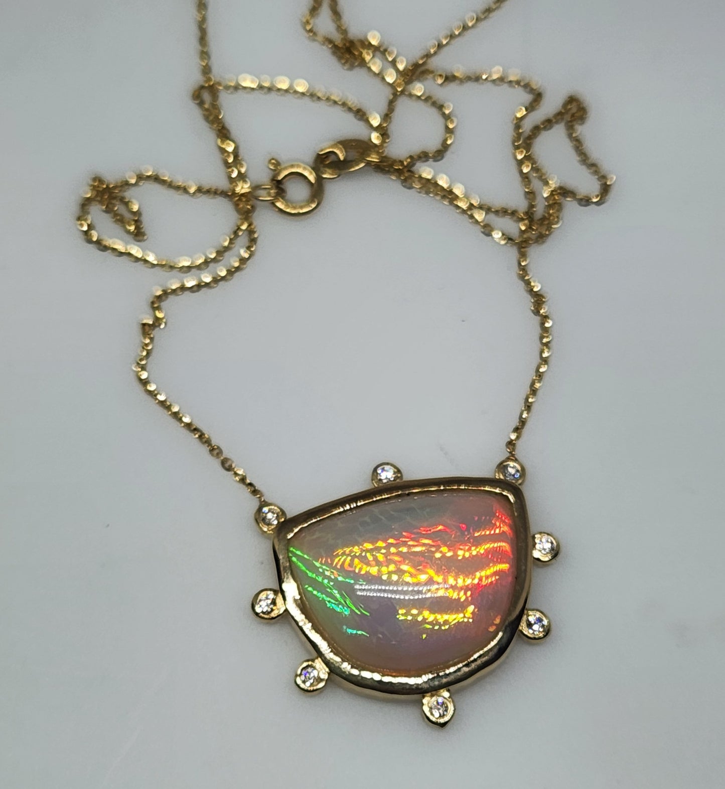 Opal & Diamond 14k Gold Pendant Split Chain Necklace #419