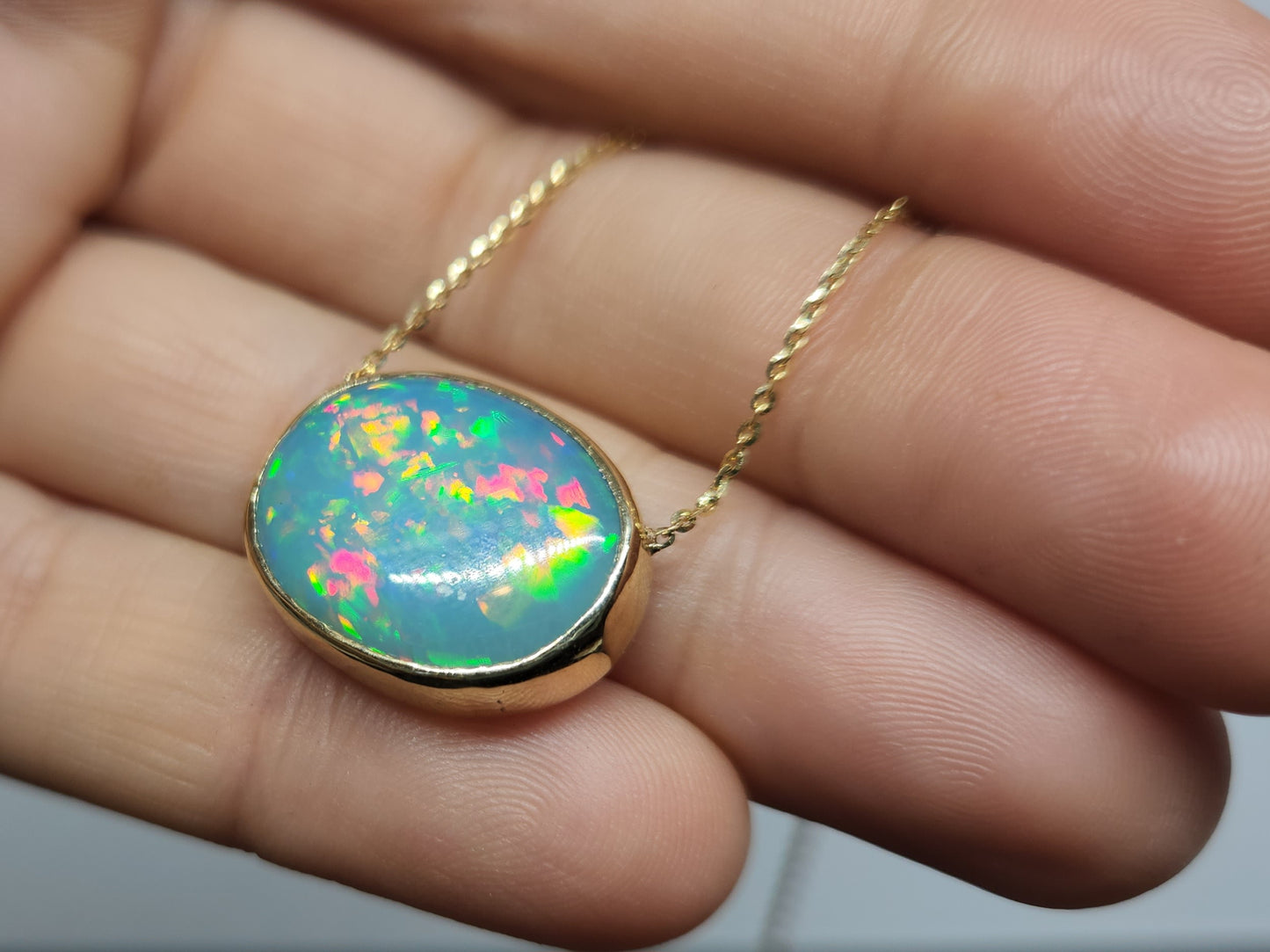 Blue Opal Pendant 14k Yellow Gold Chain Necklace #427