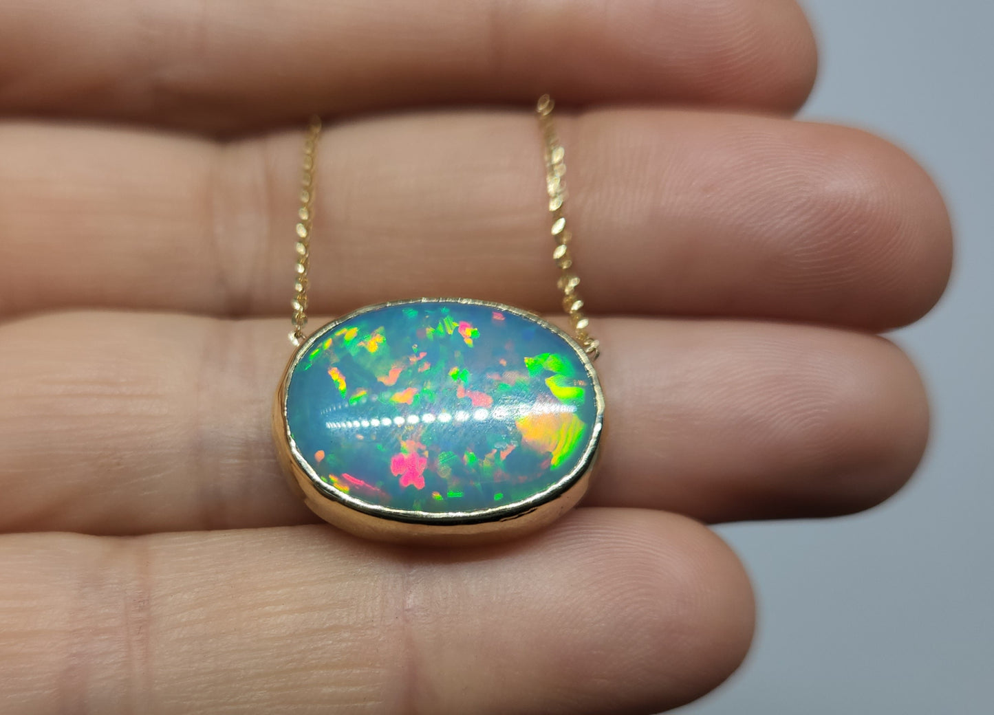 Blue Opal Pendant 14k Yellow Gold Chain Necklace #427