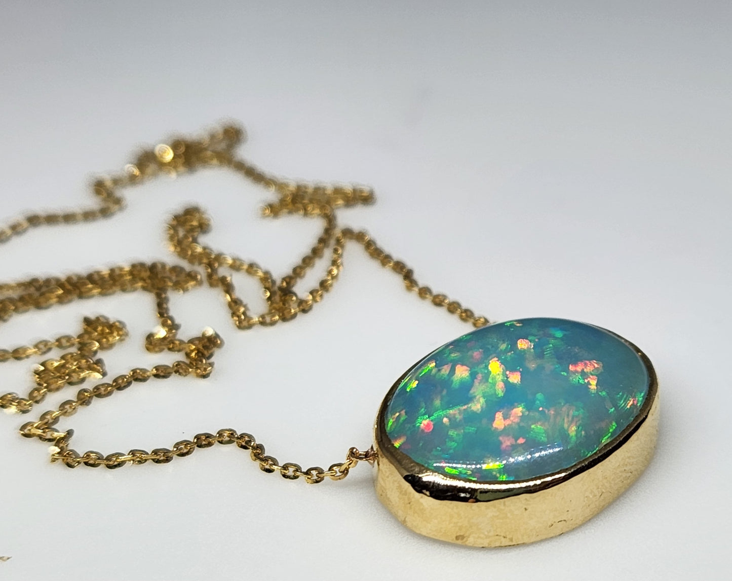 Blue Opal Pendant 14k Yellow Gold Chain Necklace #427