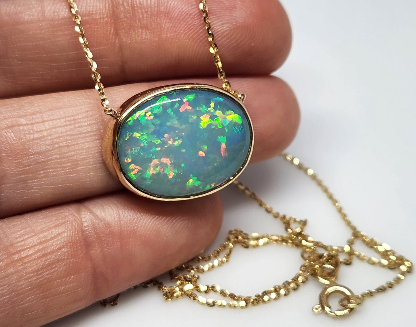 Blue Opal Pendant 14k Yellow Gold Chain Necklace #427