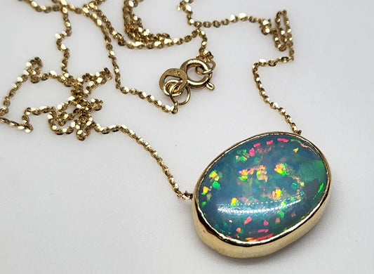 Blue Opal Pendant 14k Yellow Gold Chain Necklace #427
