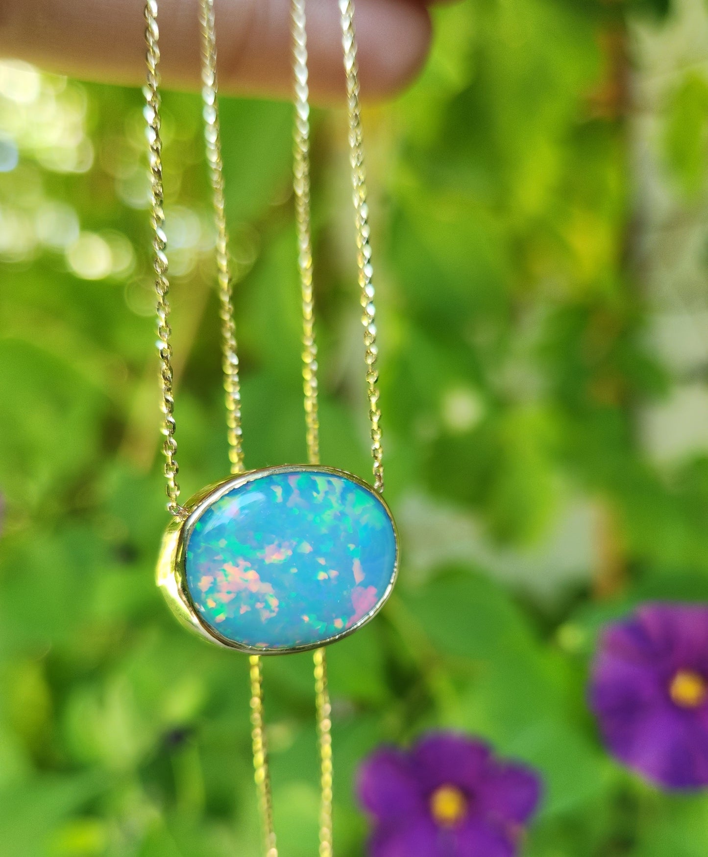 Blue Opal Pendant 14k Yellow Gold Chain Necklace #427