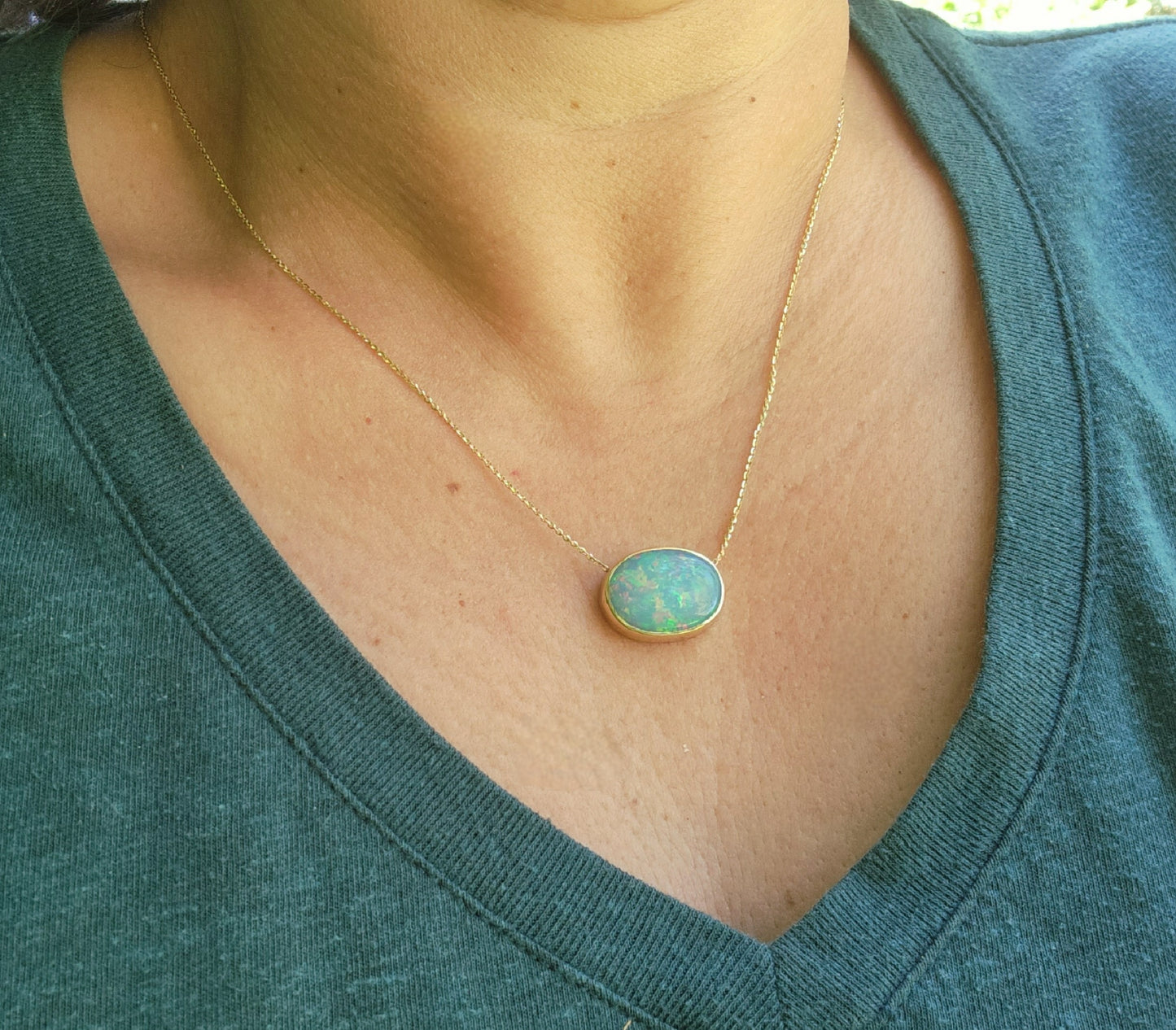 Blue Opal Pendant 14k Yellow Gold Chain Necklace #427