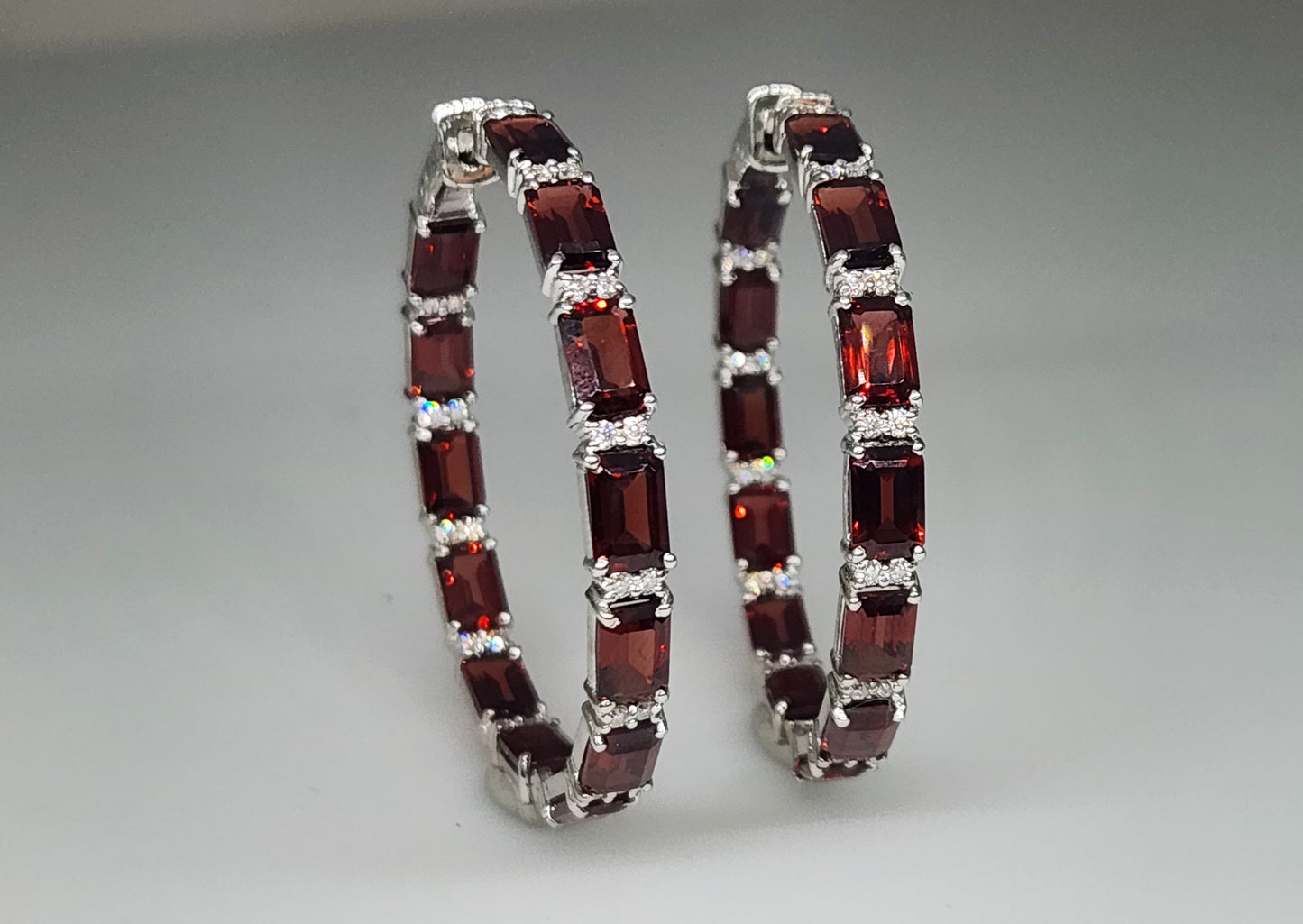 Large Red Garnet Gemstone Hoop Earrings Sterling Silver #429