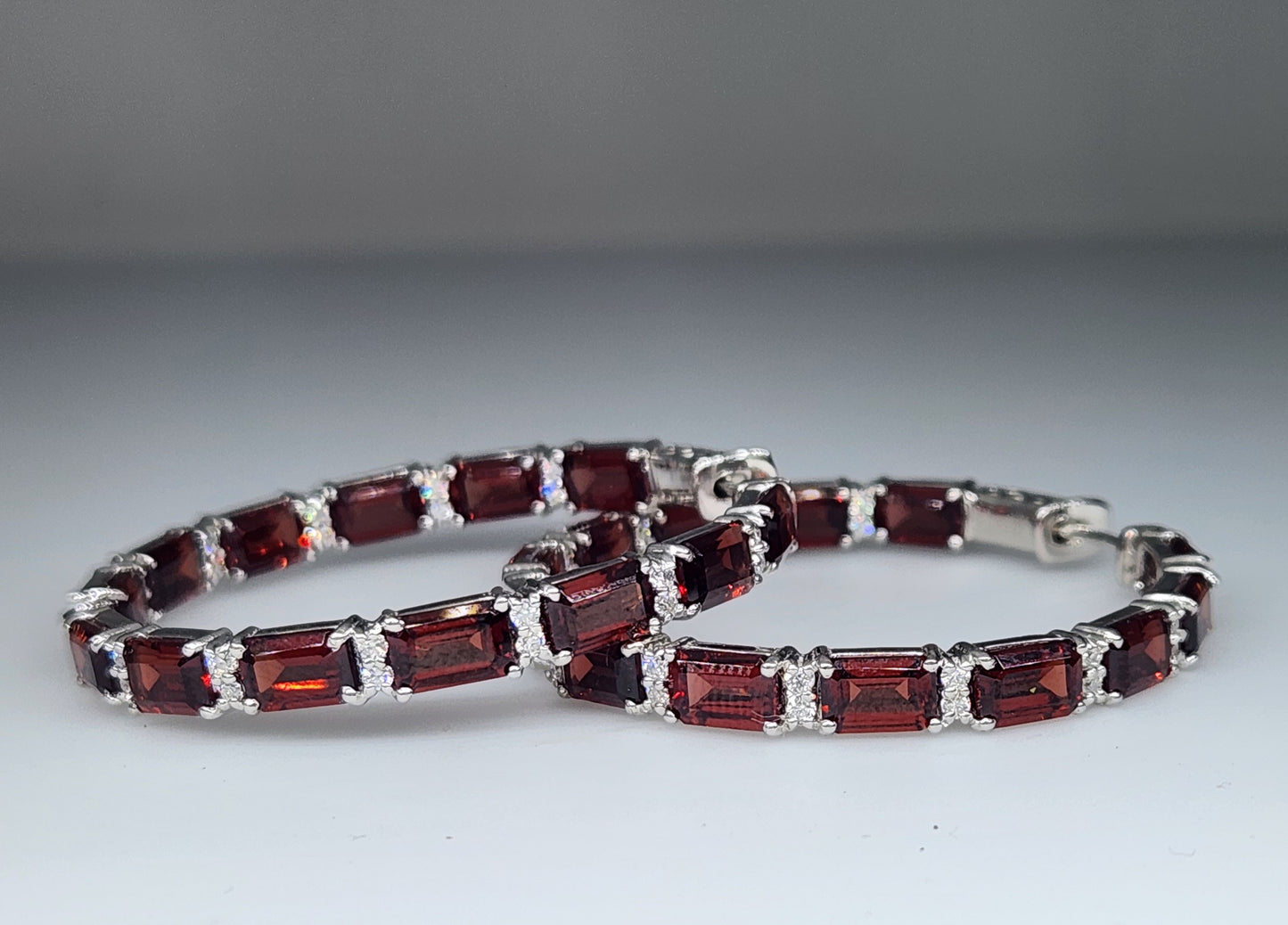 Large Red Garnet Gemstone Hoop Earrings Sterling Silver #429