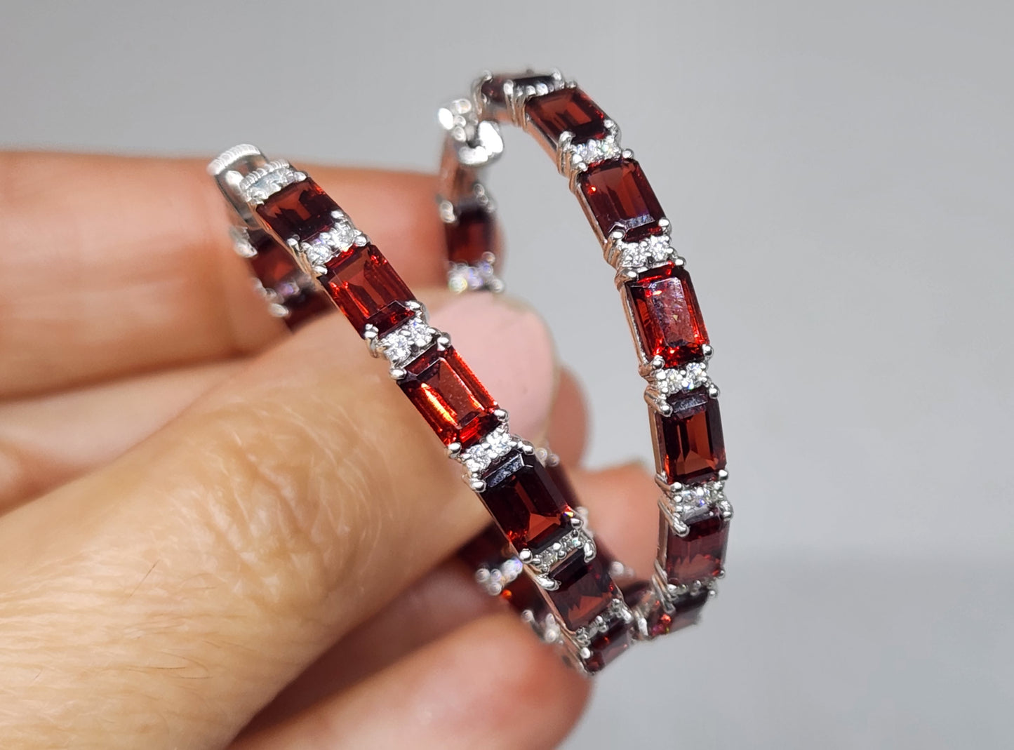 Large Red Garnet Gemstone Hoop Earrings Sterling Silver #429