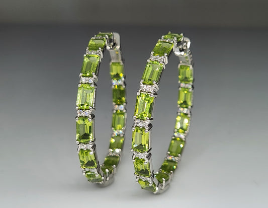 Green Peridot Gemstone Hoop Earrings Sterling Silver #430