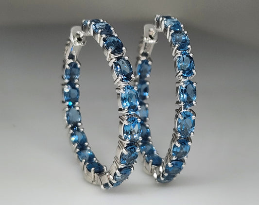 Blue Topaz Gemstone Hoop Earrings Sterling Silver #432