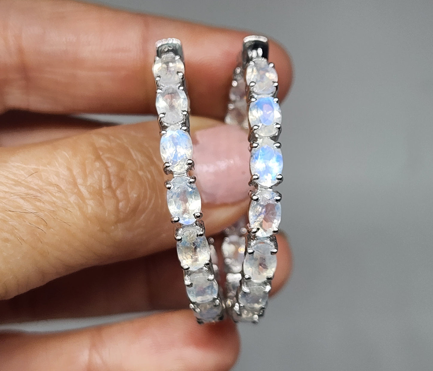 Moonstone Gemstone Hoop Earrings Sterling Silver #433