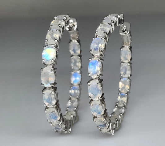 Moonstone Gemstone Hoop Earrings Sterling Silver #433