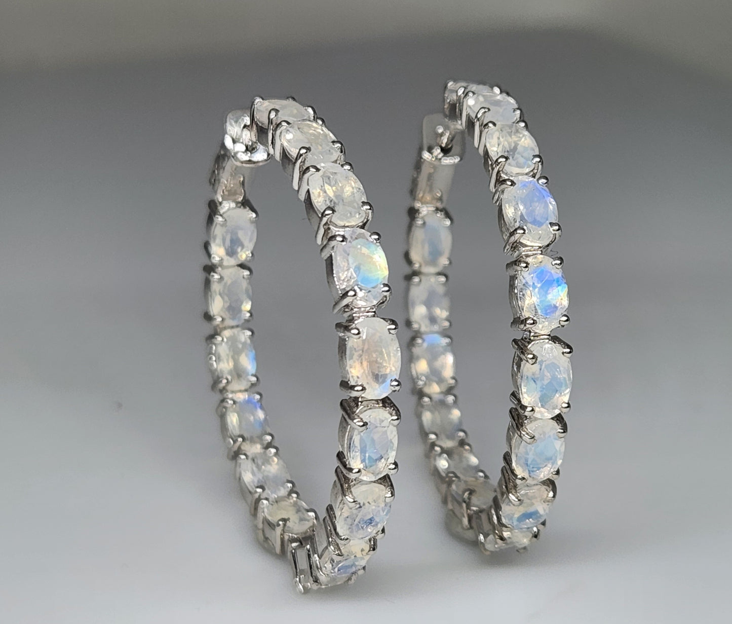 Moonstone Gemstone Hoop Earrings Sterling Silver #433