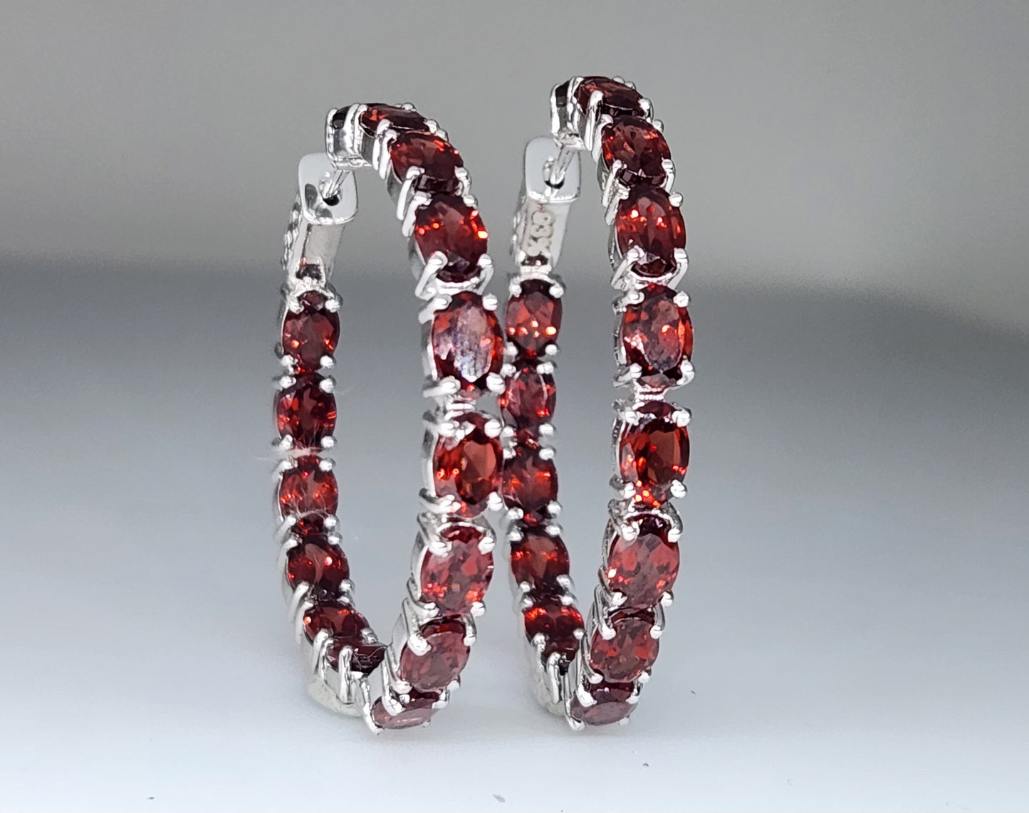 Red Garnet Gemstone Hoop Earrings Sterling Silver #435