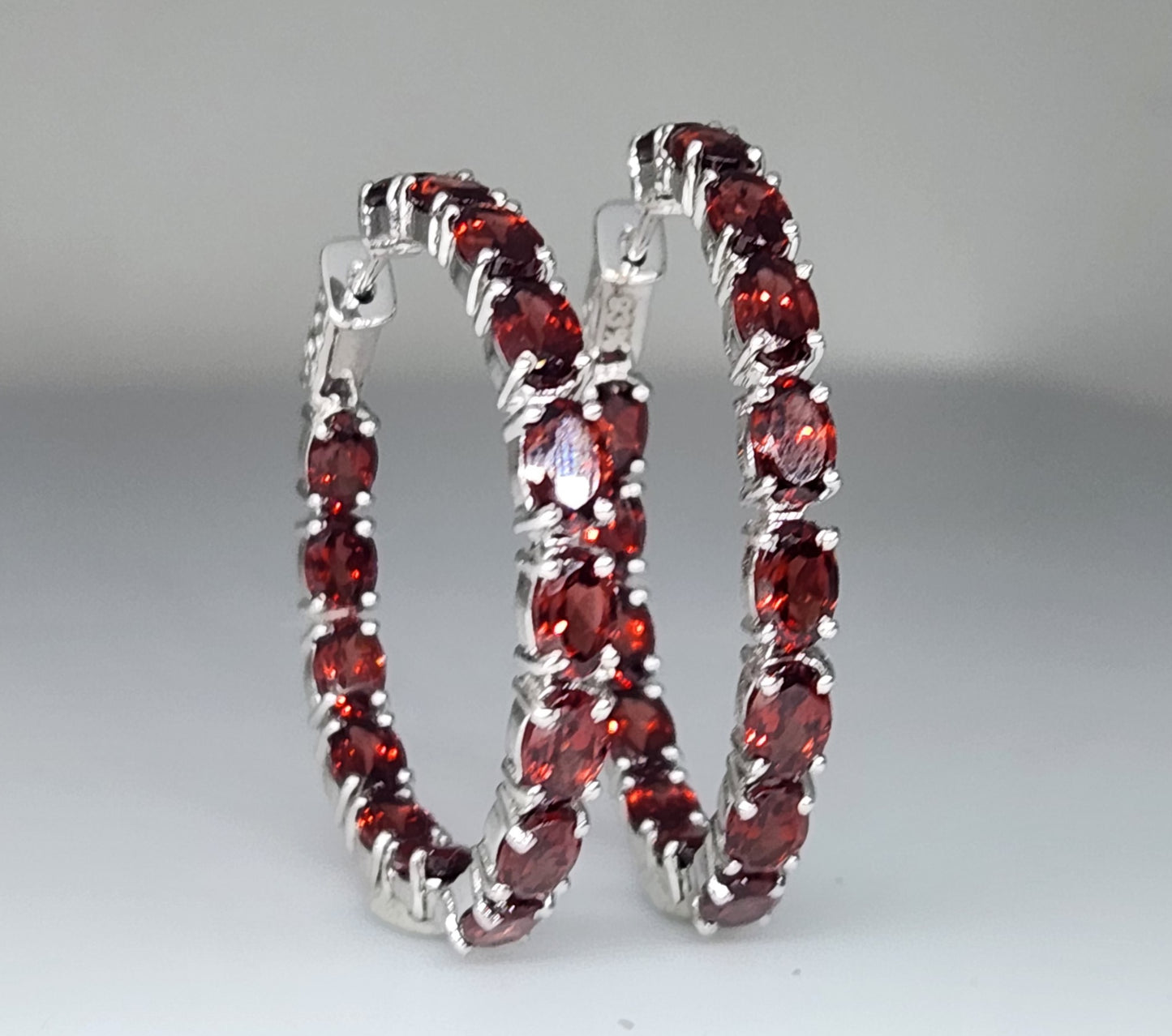 Red Garnet Gemstone Hoop Earrings Sterling Silver #435